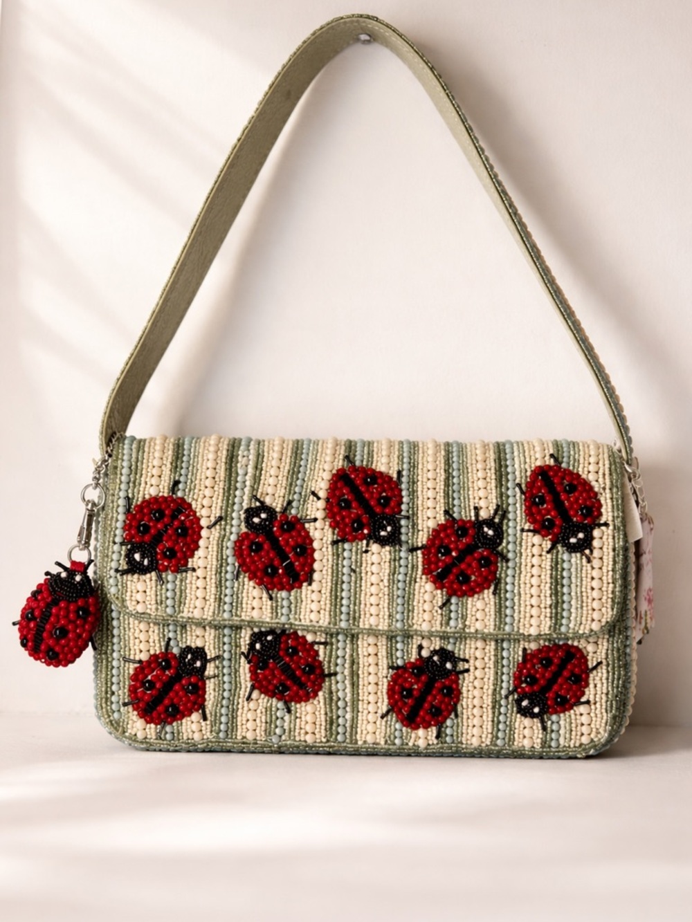 Beaded Ladybug Shoulder Bag - Green/Cream